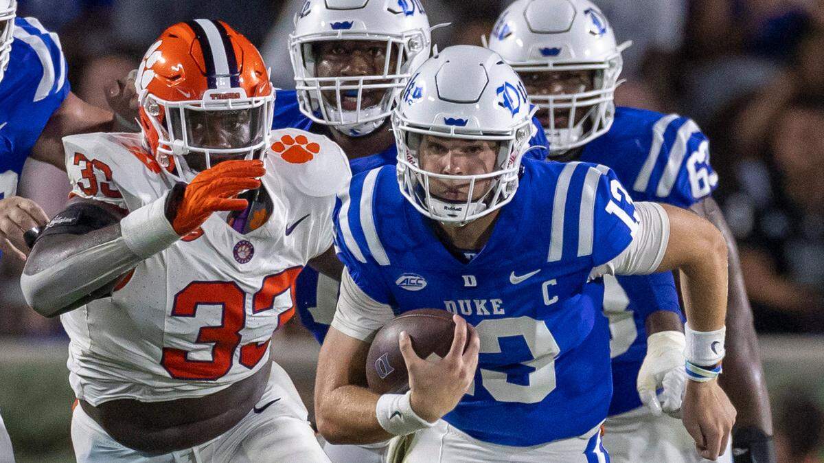 Duke quarterback Riley Leonard (13) breaks open for a 12-yard gain in the second quarter against Clemson on Monday, September 4, 2023 at Wallace Wade Stadium Stadium in Durham, N.C.