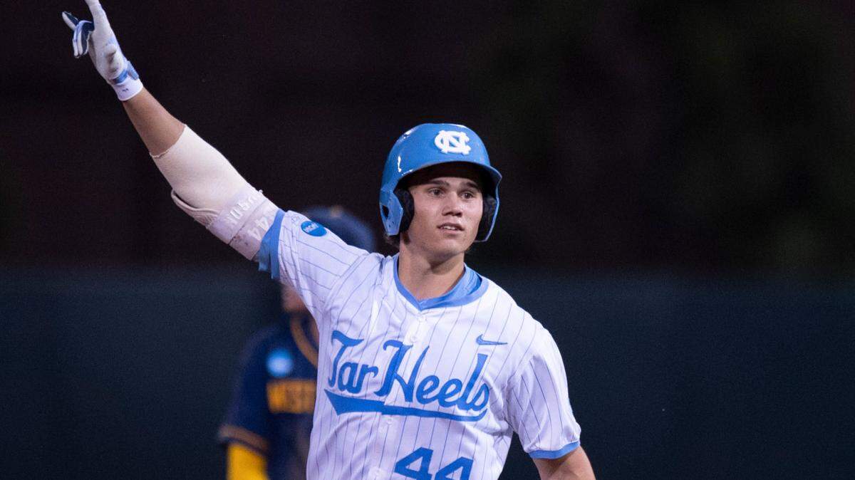 North Carolina’s Luke Stevenson (44) celebrates a homer in the ninth inning of North Carolina’s 8-6 win against West Virginia University at Boshamer Stadium on June, 7, 2024.