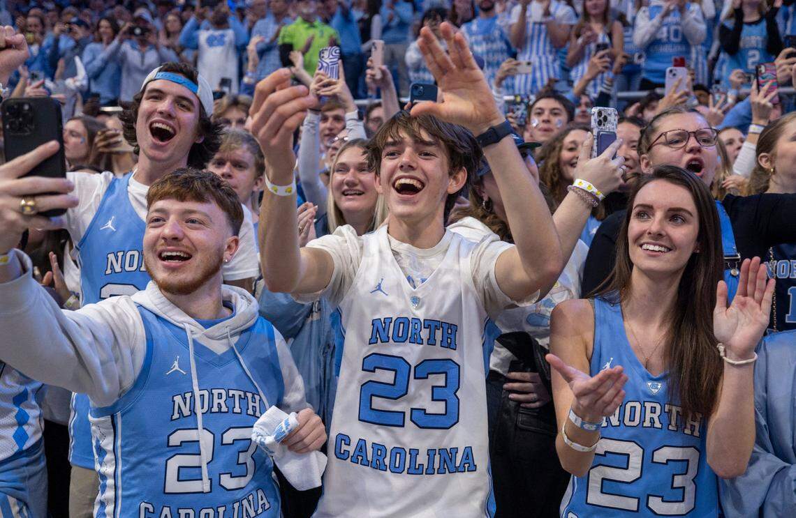 North Carolina fans in the student section welcome the Tar Heels to the court for their game against Duke on Saturday, February, 3, 2024 at the Dean E. Smith Center in Chapel Hill, N.C.