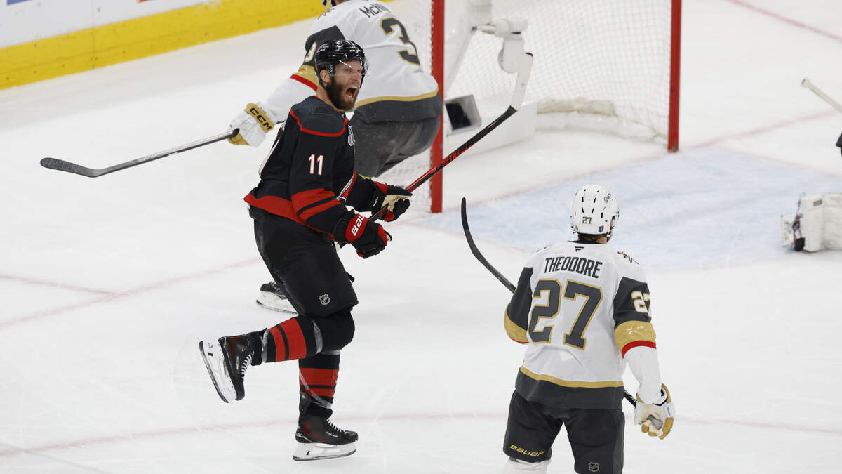 Hurricanes caption Jordan Staal reacts after scoring in the first period to tie the game at 1-1