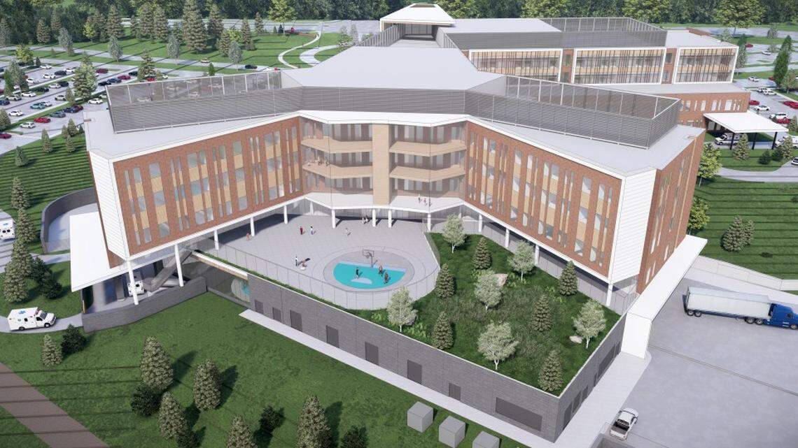 A rendering of the planned WakeMed Mental Health & Well-Being Hospital in Garner. The wing of the building housing the acute-care hospital is in the right rear of this image.
