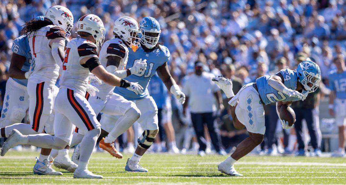 North Carolina’s British Brooks (24) breaks open for an 11-yard gain in the second quarter against Campbell on Saturday, November 4. 2023 at Kenan Stadium in Chapel Hill, N.C.