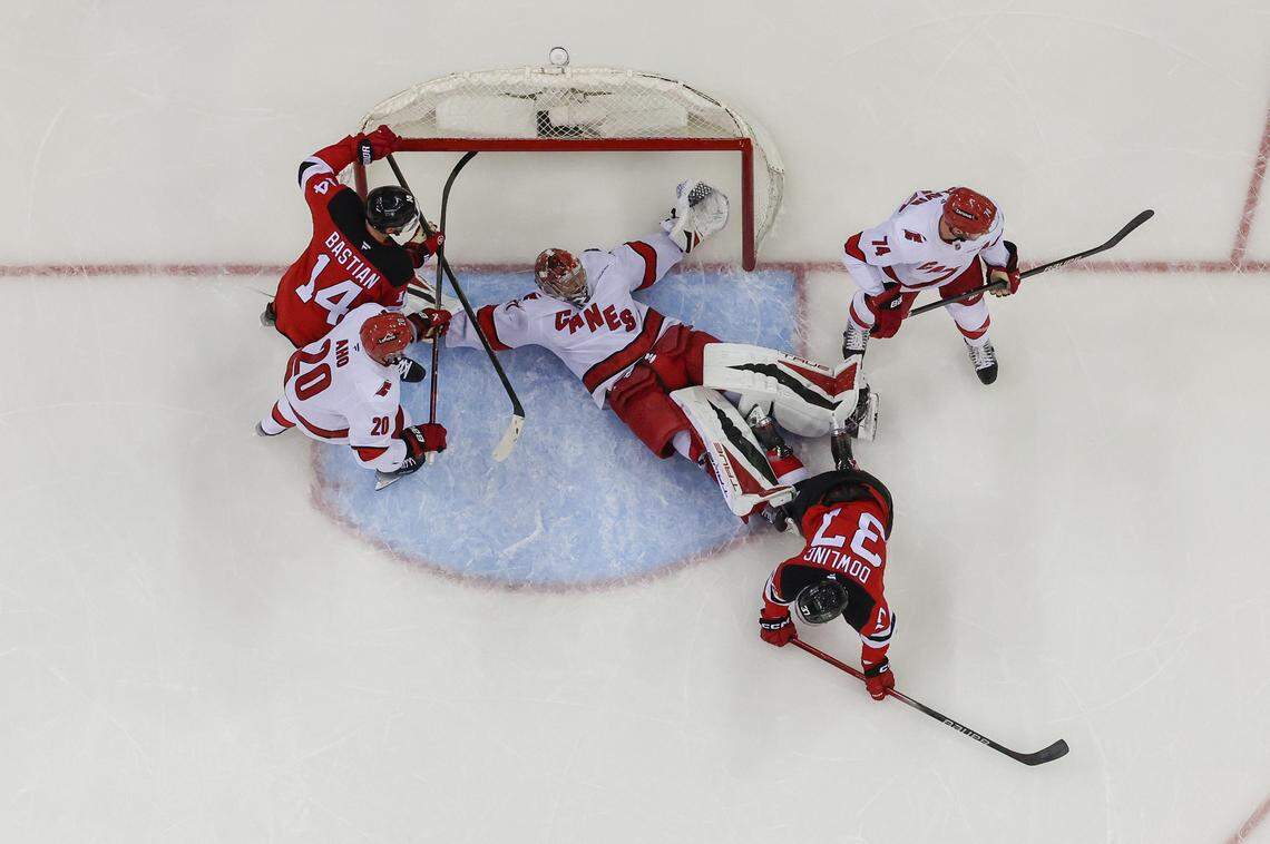 Carolina Hurricanes goaltender Frederik Andersen (31) sprawls to make a save against the New Jersey Devils during the first period in game four of the first round of the 2025 Stanley Cup Playoffs at Prudential Center.