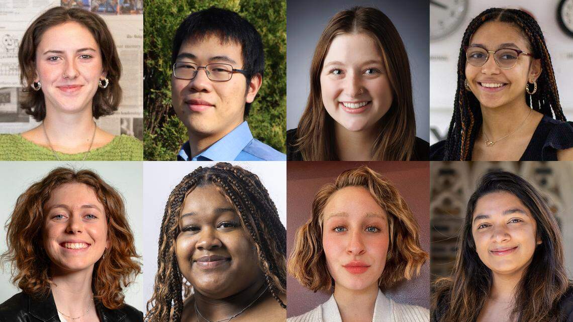 The News & Observer 2024 summer&nbsp;interns and fellows are: Top row, from left: Shelby Swanson, William Tong, Emmy Martin, Gabriella Hartlaub. Bottom row from left: Heather Diehl, Jayla Webb, Vivienne Serret, Freya Gulamali.
