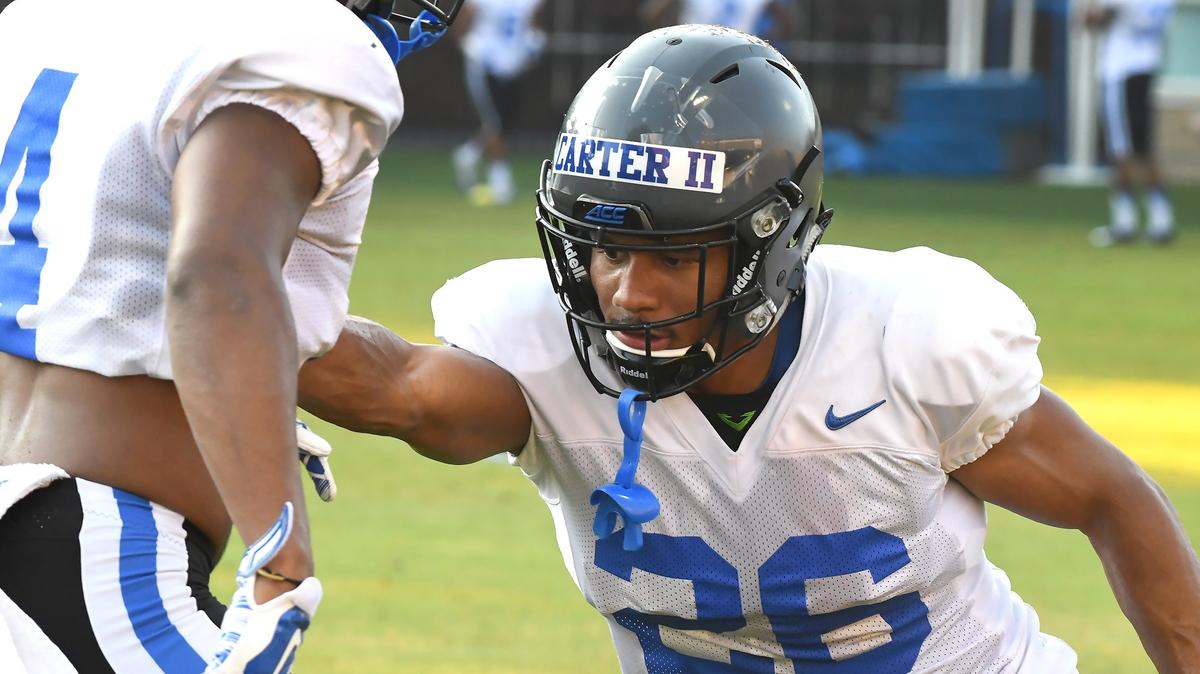 Duke cornerback Michael Carter II (26) runs through drills on the first day of full pads practice Monday, August, 6, 2018 in Durham, N.C.