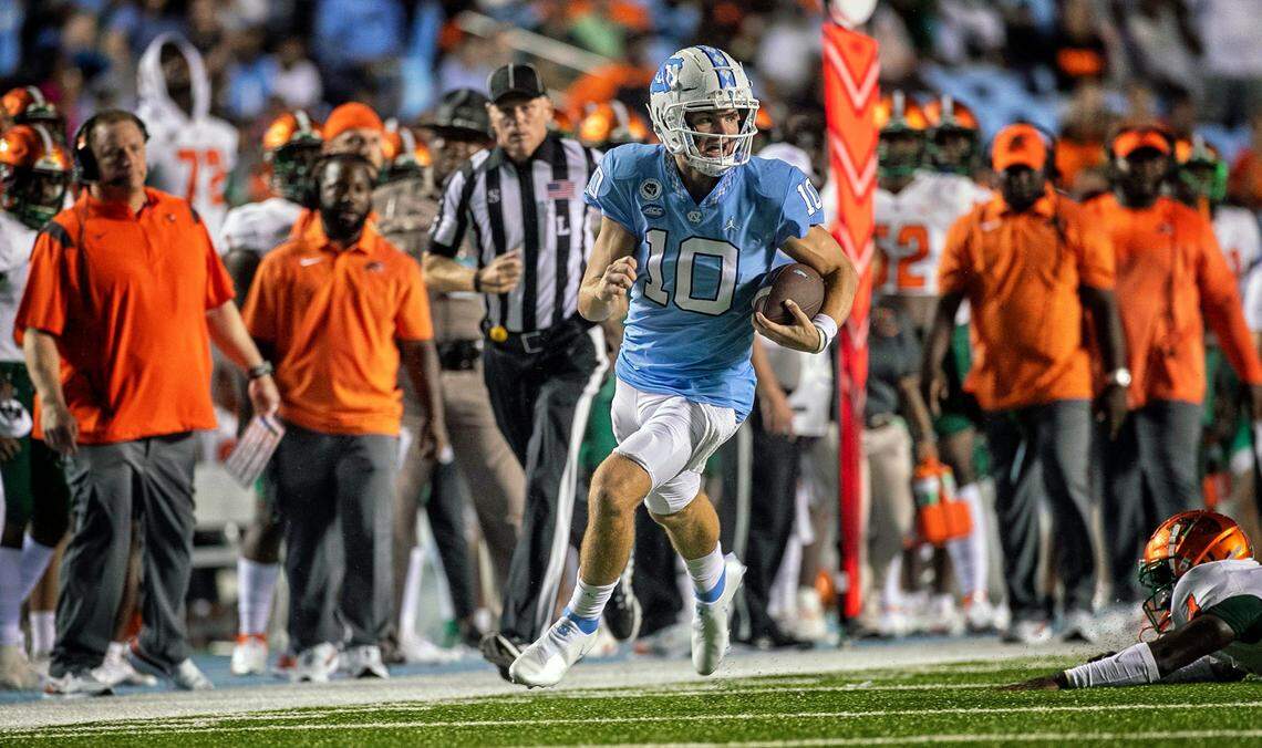 North Carolina quarterback Drake Maye (10) breaks open for a 42-yard gain in the first quarter against Florida A&M on Saturday, August 27, 2022 at Kenan Stadium in Chapel Hill, N.C.