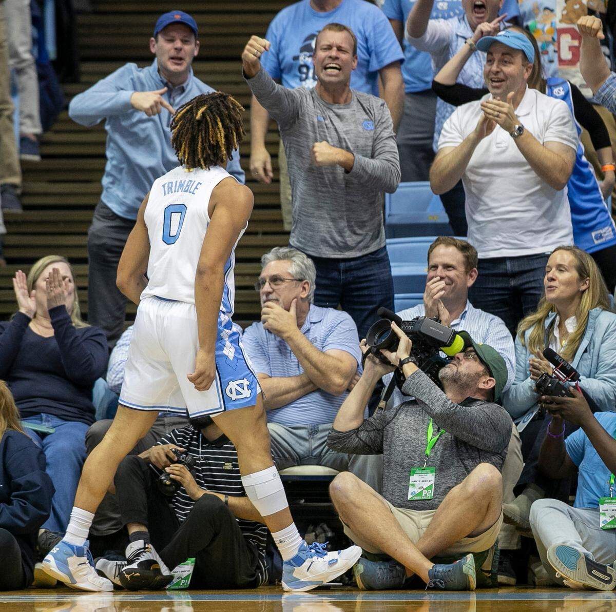 North Carolina’s Seth Trimble (0) reacts with fans after blocking a Wake Forest shot in the second half on Wednesday, January 4, 2023 at the Smith Center in Chapel Hill, N.C.