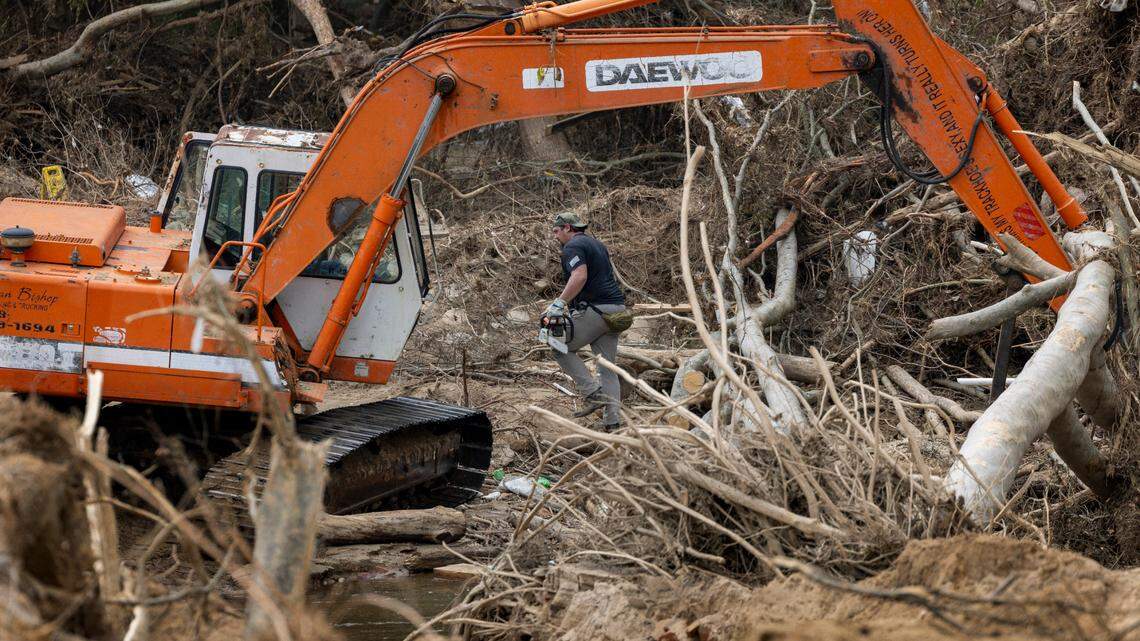 Law enforcement personnel and property owners must use heavy equipment to search through debris fields left by Hurricane Helene in Western North Carolina .