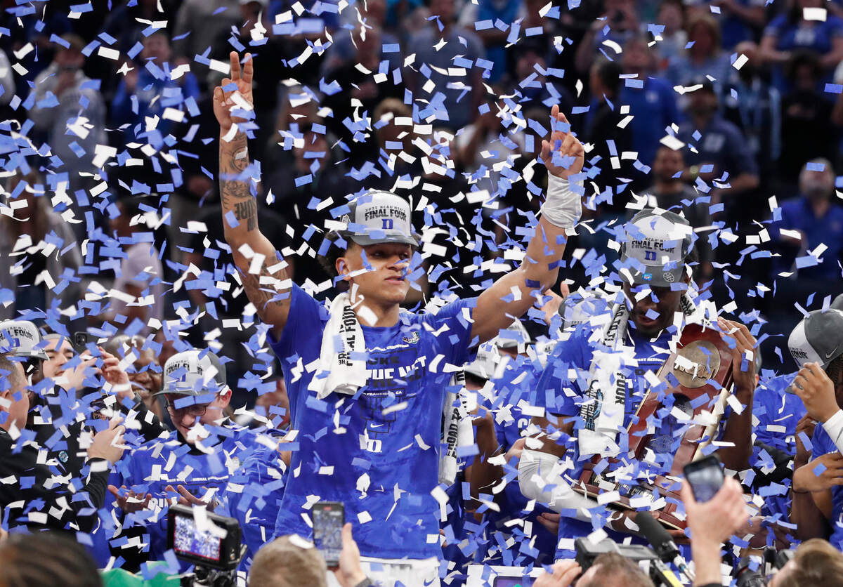 Duke’s Paolo Banchero celebrates after Duke’s 78-69 victory over Arkansas in the NCAA Tournament West Regional finals at the Chase Center in San Francisco, Calif., Saturday, March 26, 2022.