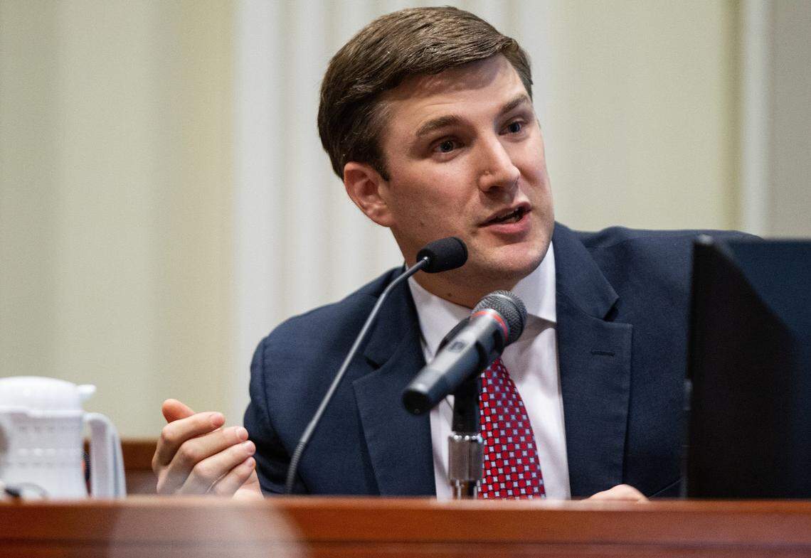 John Harris, the son of Mark Harris, testifies during the third day of a public evidentiary hearing on the 9th Congressional District voting irregularities investigation Wednesday, Feb. 20, 2019, at the North Carolina State Bar in Raleigh.