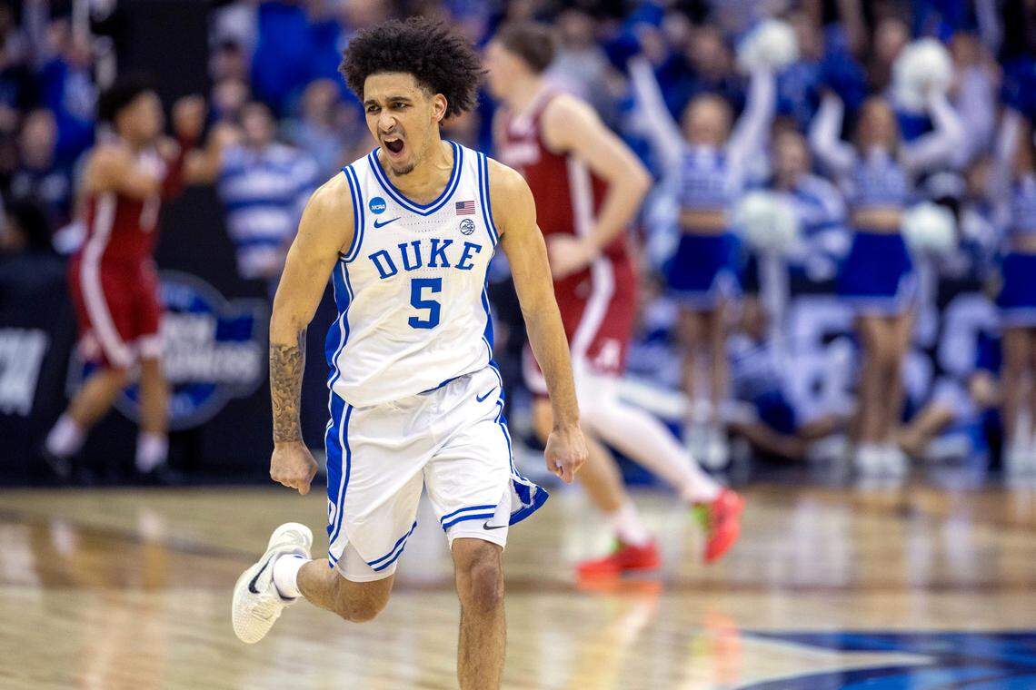 Duke guard Tyrese Proctor (5) reacts after sinking a three point basket to take an 83-63 lead over Alabama with one minute to play on Saturday, March 29, 2025 during the NCAA East Regional final at Prudential Center in Newark, N.J.