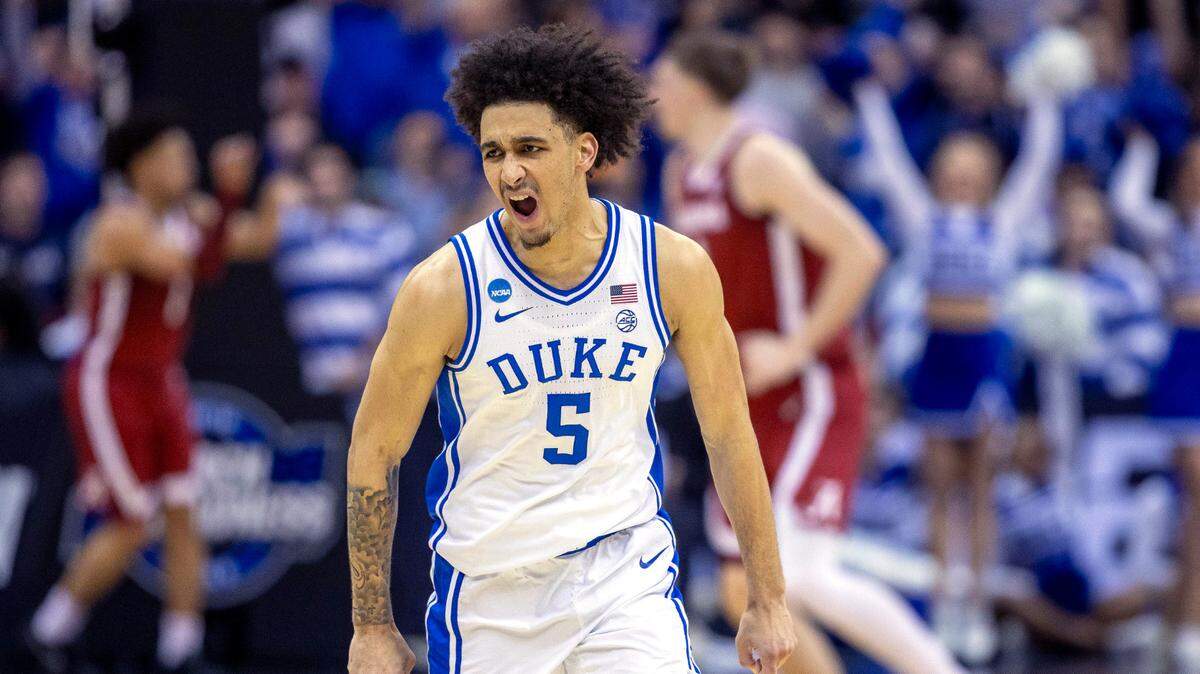 Duke guard Tyrese Proctor (5) reacts after sinking a three point basket to take an 83-63 lead over Alabama with one minute to play on Saturday, March 29, 2025 during the NCAA East Regional final at Prudential Center in Newark, N.J.