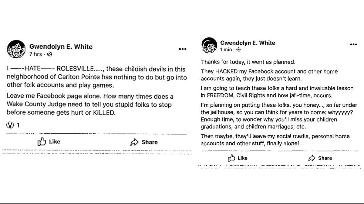 Concerning Facebook posts made by Gwendolyn White in 2022, four years before she allegedly shot two attorneys outside the Wake County Courthouse.