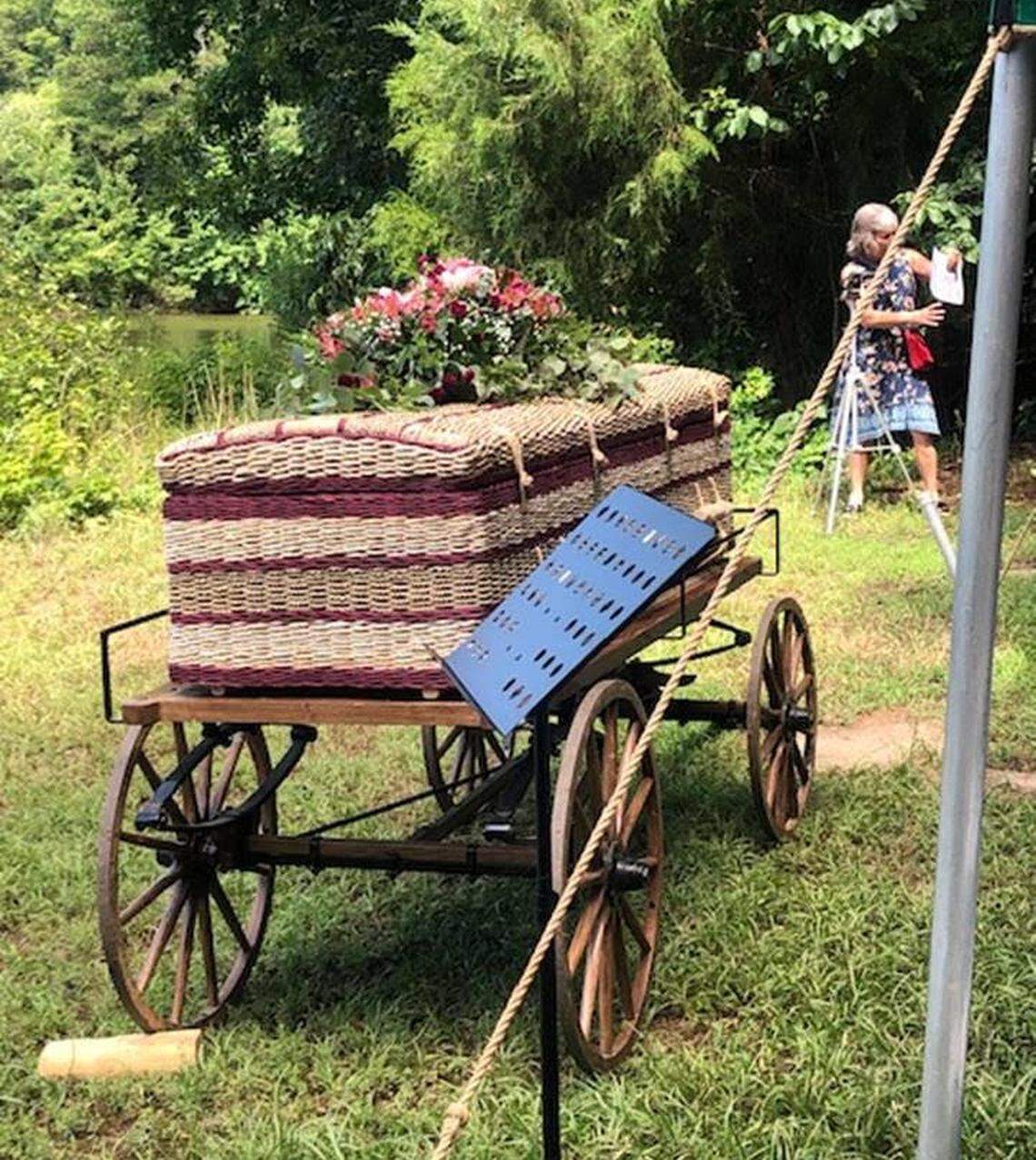 A green funeral featuring a biodegradable casket for Beverley Anne Babb, held at Wake Memorial’s green burial site, Pine Forest, July 2021.