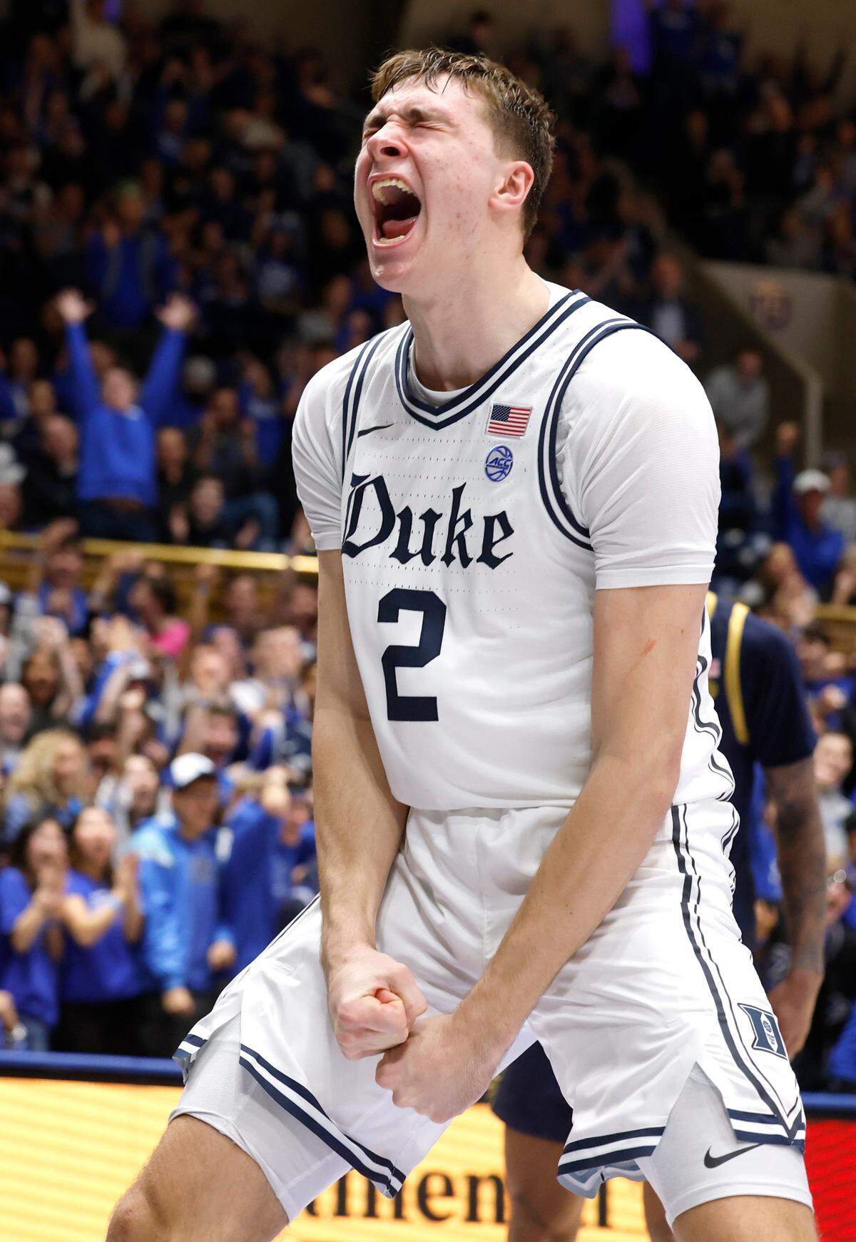 Duke’s Cooper Flagg (2) celebrates after slamming in two during the second half of Duke’s 86-78 victory over Notre Dame at Cameron Indoor Stadium in Durham, N.C., Saturday, Jan. 11, 2025.