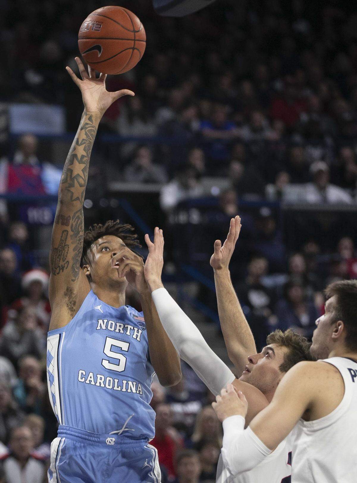North Carolina’s Armando Bacot (5) puts up a shot in the first half against Gonzaga on Wednesday, December 18, 2019 at McCarthey Athletic Center in Spokane, Washington. Bacot was 1-6 scoring only two points in the Tar Heels’ loss.