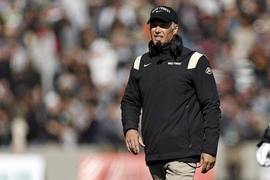 Wake Forest head coach Dave Clawson looks on against Army during the first half of an NCAA college football game Saturday, Oct. 23, 2021, in West Point, N.Y. (AP Photo/Adam Hunger)