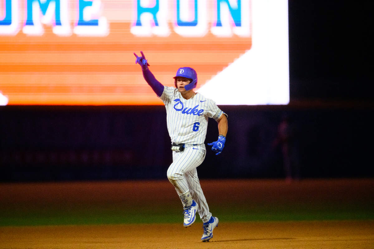 Duke catcher Macon Winslow celebrates after hitting a home run in the Blue Devils’ 4-3 ACC Tournament win over Pitt on Wednesday, May 21, 2025, at Durham Bulls Athletic Park in Durham, N.C.