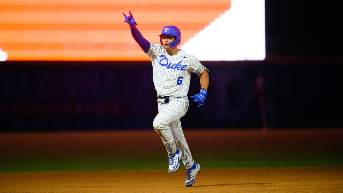Duke catcher Macon Winslow celebrates after hitting a home run in the Blue Devils’ 4-3 ACC Tournament win over Pitt on Wednesday, May 21, 2025, at Durham Bulls Athletic Park in Durham, N.C. 