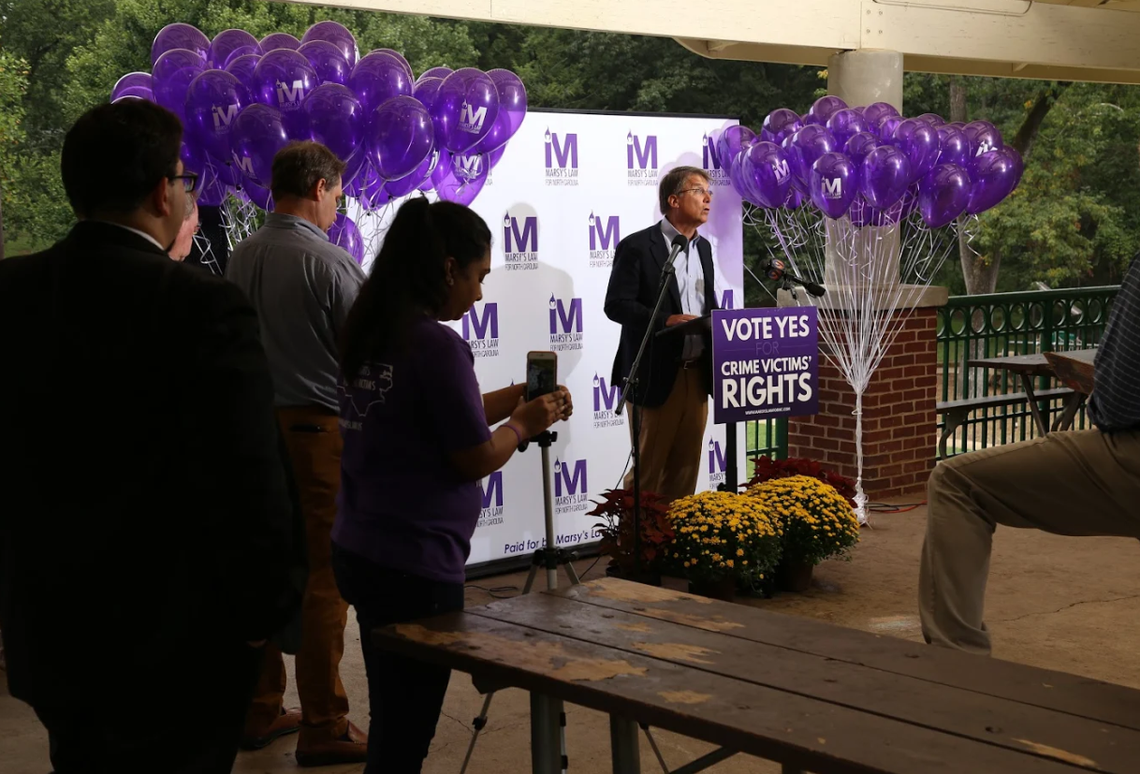 Former Gov. Pat McCrory speaks in favor of the proposed Constitutional Amendment related to victims’ rights during a rally in Latta Park in Charlotte on Sept. 10, 2018. The amendment is also known as Marsy’s Law.