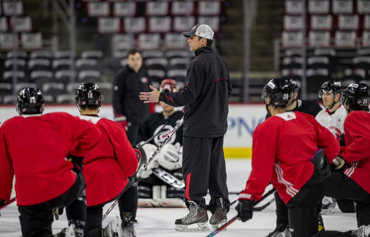 Carolina Hurricanes coach Rod Brind’Amour works with his players during practice on Friday, May 13, 2022 as they prepare for game seven in the Stanley Cup first round series against Boston at PNC Arena in Raleigh, N.C.