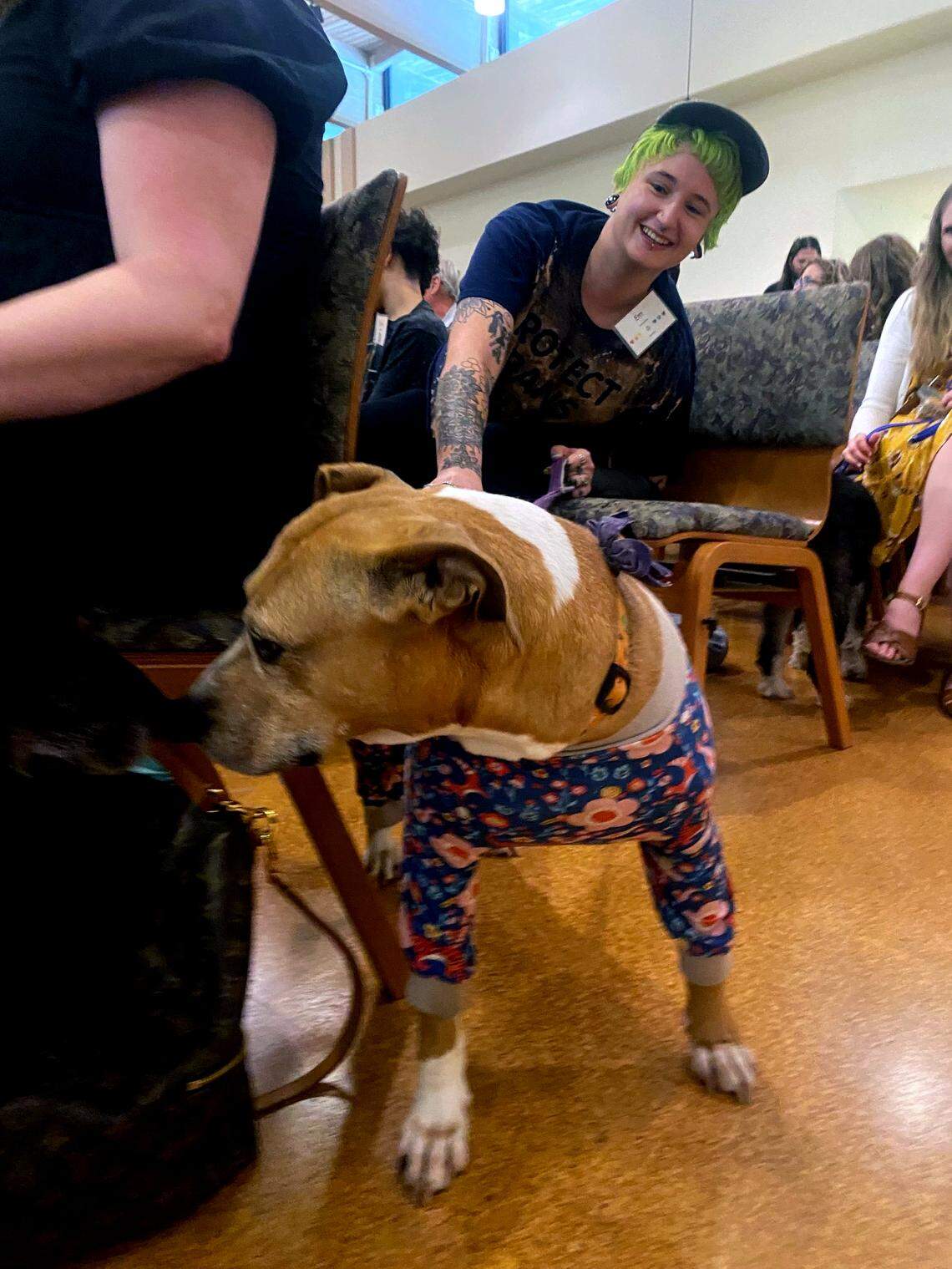 Emily Puertolas and Zinnia enjoy the blessing of the animals service at Unitarian-Universalist Fellowship of Raleigh
