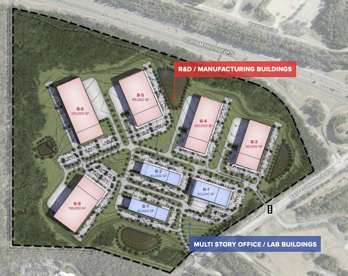 A map drawing of the site plans for the big industrial Genesis development at Research Triangle Park.