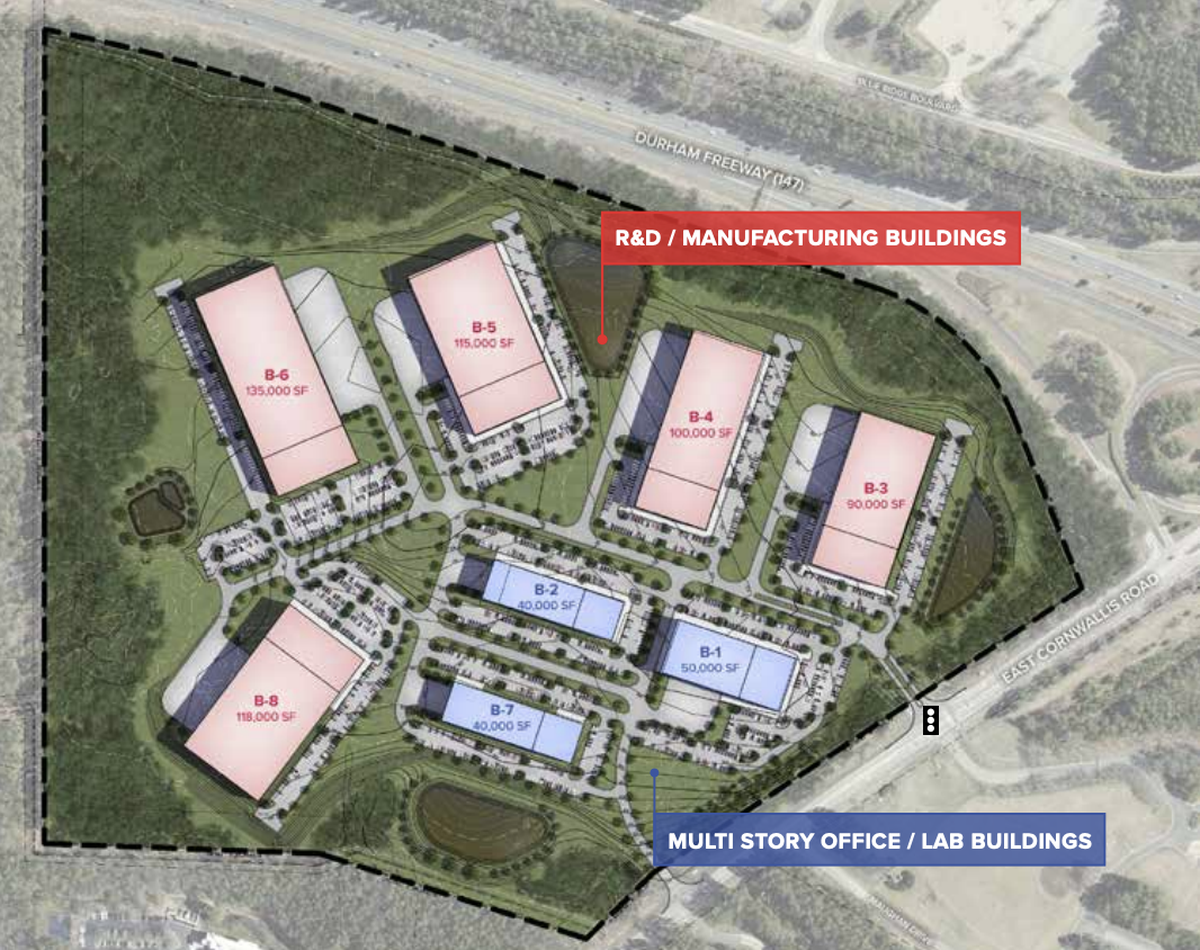 A map drawing of the site plans for the big industrial Genesis development at Research Triangle Park.