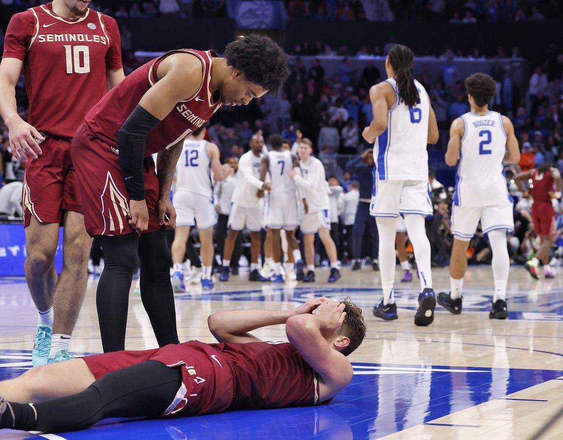 Florida State's Alex Steen reacts following Duke’s 80-79 win over the Seminoles in the ACC Tournament quarterfinals on Thursday, March 12, 2026, at the Spectrum Center in Charlotte, N.C. 