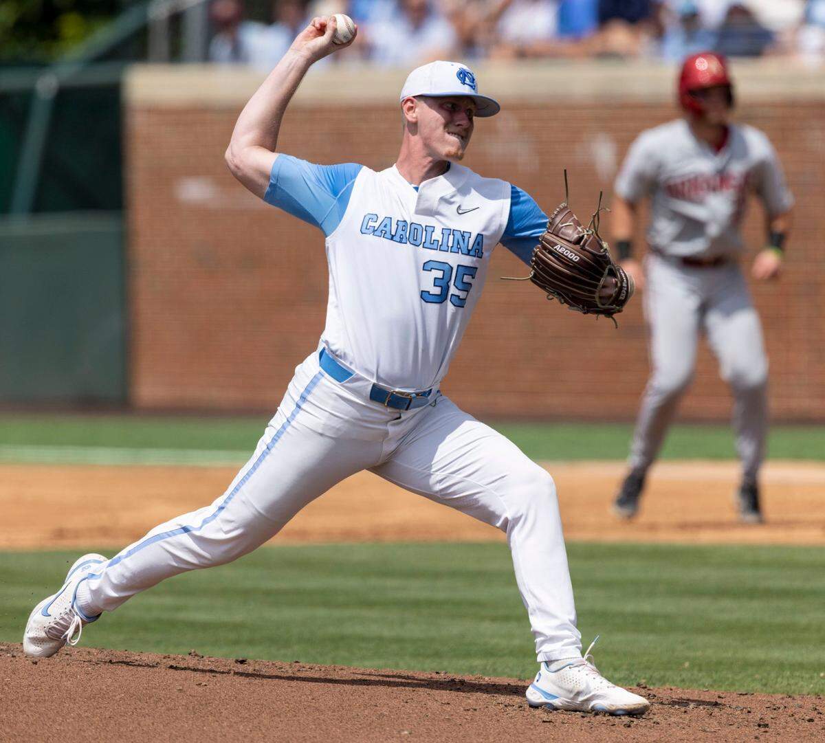 North Carolina starting pitcher Max Carlson (35) works from the mound against Arkansas in the first inning during the first game of Super Regional series on Saturday, June 11, 2022 at Boshamer Stadium in Chapel Hill, N.C.