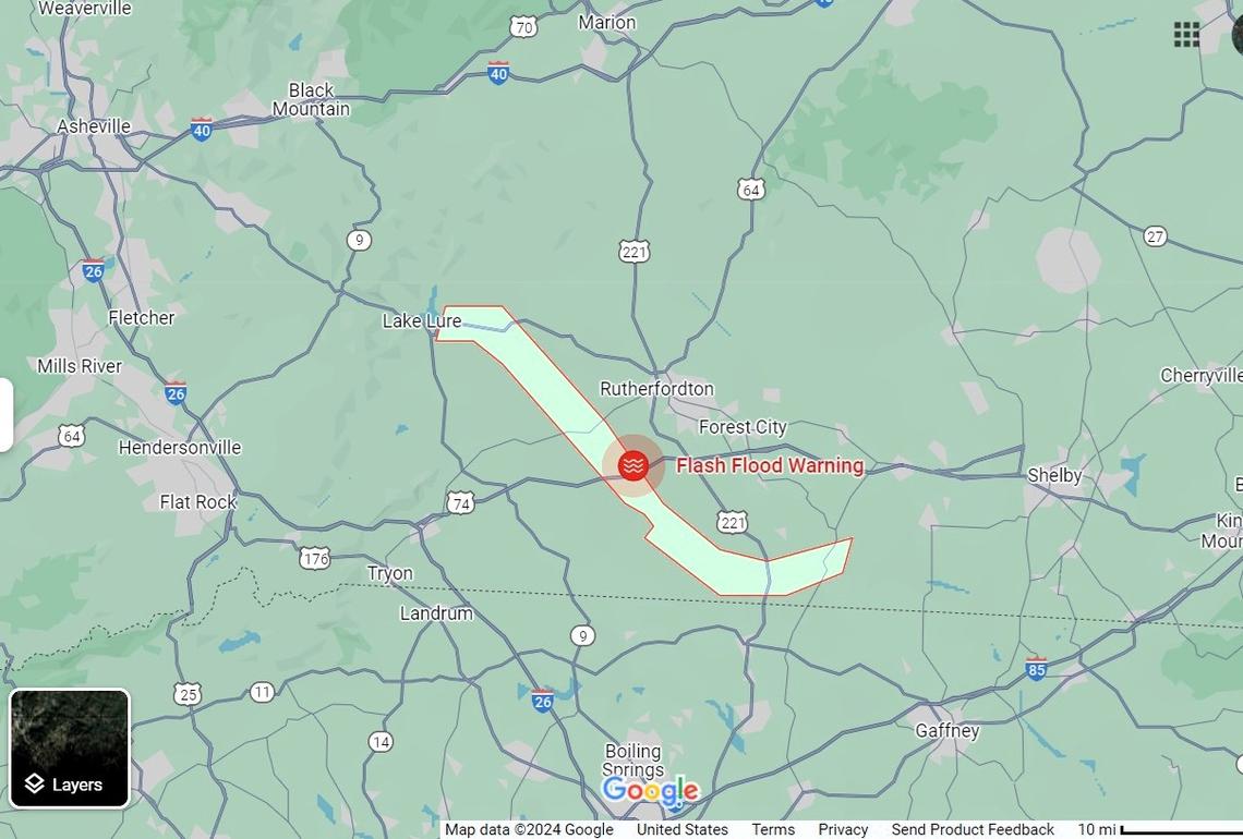 The area at risk from the Lake Lure dam failure is highlighted on this map from Google Earth. Residents in the surrounding neighborhoods were ordered to evacuate Friday morning.
