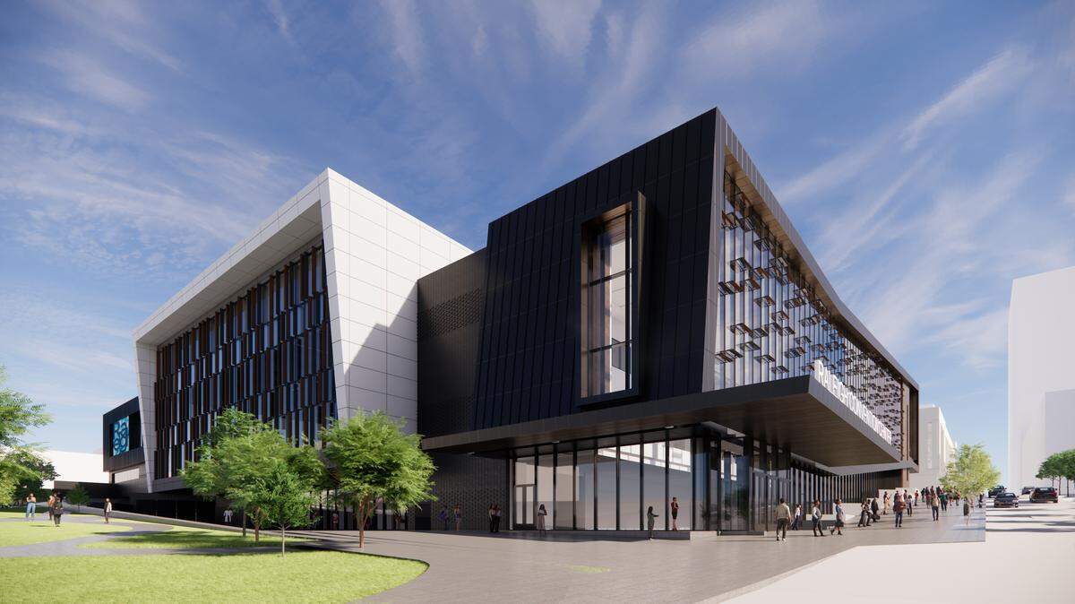 A rendering of the southwest corner of the planned Raleigh Convention Center expansion as seen from the intersection of Dawson and Lenoir streets.