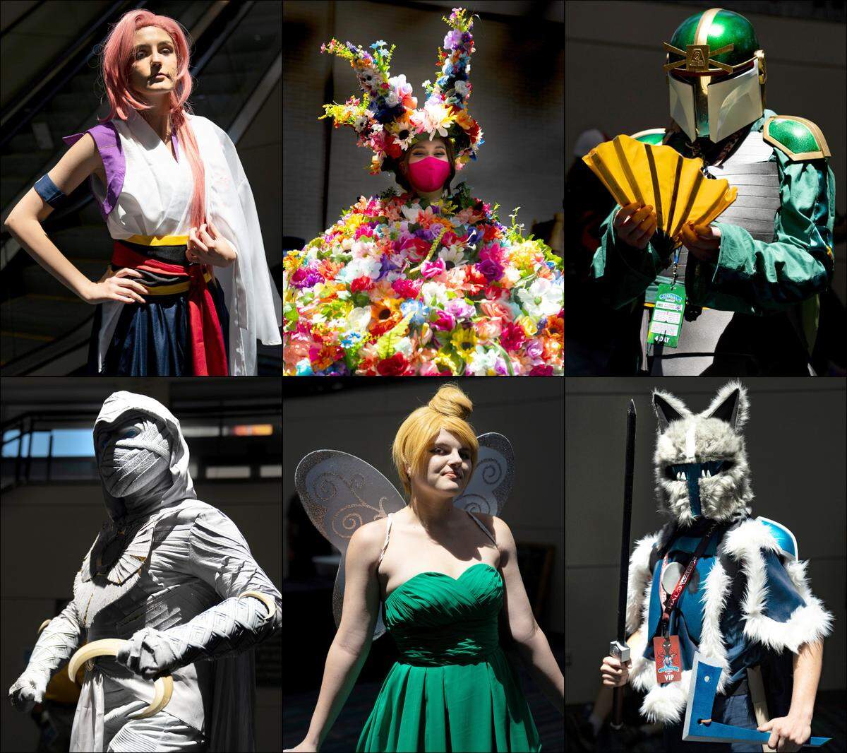 Attendees at GalaxyCon Raleigh on Thursday, July 28, 2022, include clockwise from top left, Mackie Noel as Cherry Blossom from SK8 Infinity, Maggie Michael as Dani from Midsommar, Alyson Kinkopf as Suki from Avatar, Archie Seale as a cross between Avatar’s Sokka and a Mandlorian, Cassady Pangborn as Tinkerbell and Carlos Rodriguez as Marvel’s Moon Knight. GalaxyCon will continue at the Raleigh Convention Center until Sunday.