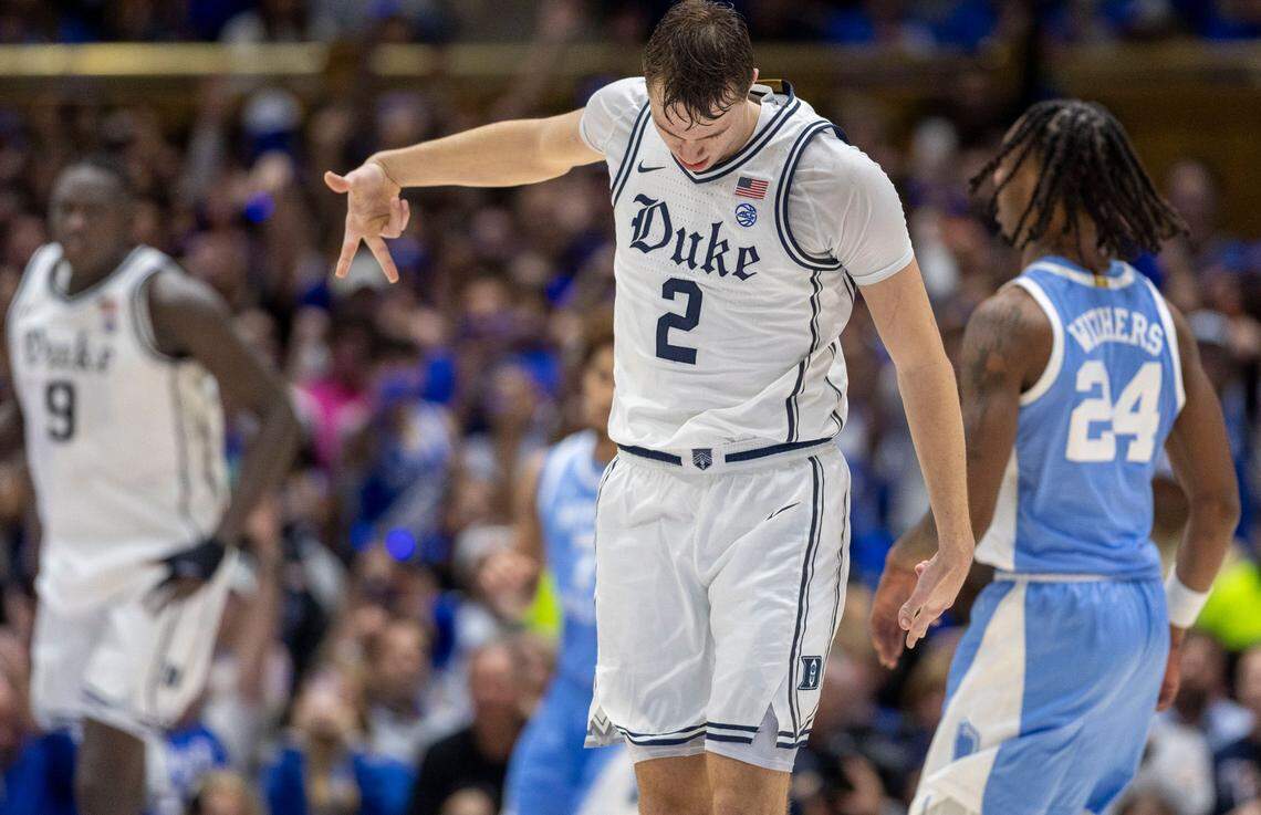 Duke’s Coper Flagg (2) reacts after a three-point basket to give the Blue Devils a commanding 74-44 lead over North Carolina in the second half on Saturday, February 1, 2025 at Cameron Indoor Stadium in Durham, N.C.