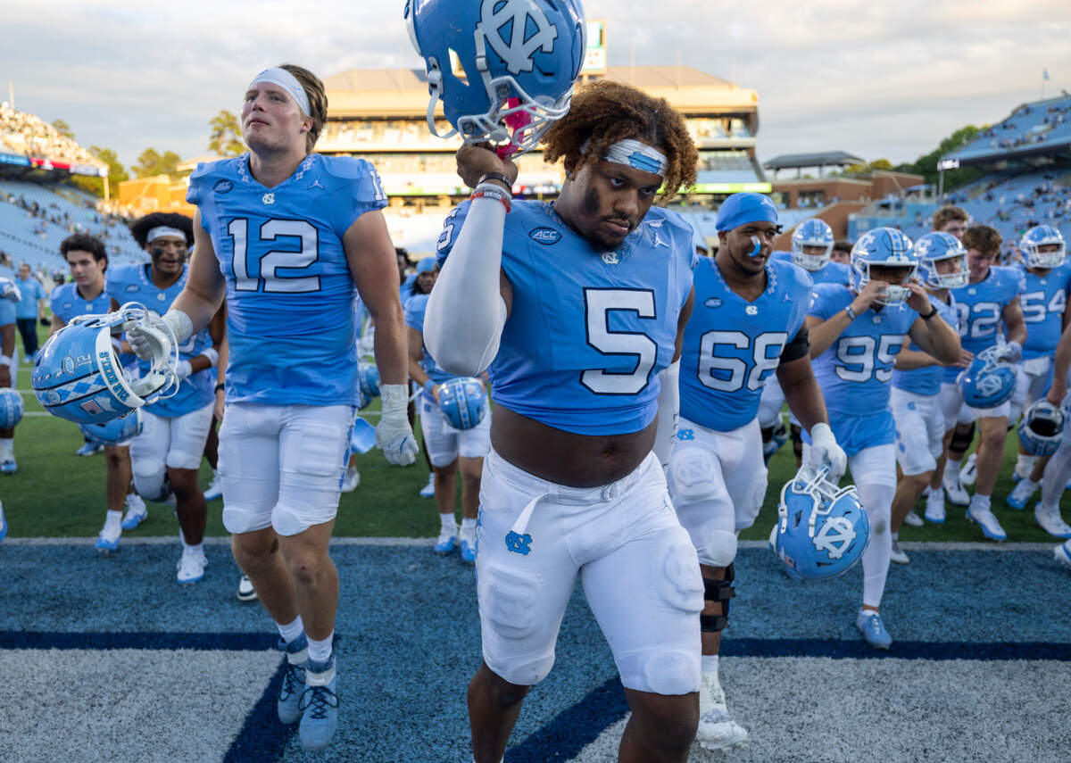 North Carolina defensive lineman Jahvaree Ritzie (5) celebrates the Tar Heels’ 38-20 victory over Charlotte on Saturday, September 7, 2024 at Kenan Stadium in Chapel Hill, N.C.
