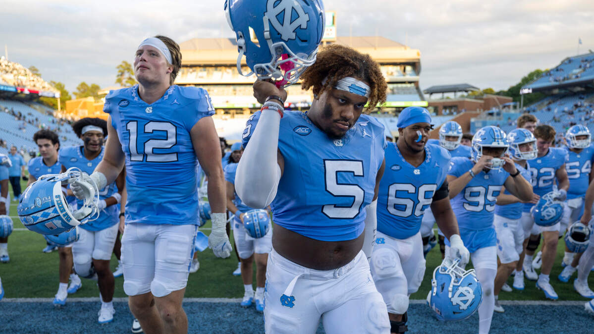North Carolina defensive lineman Jahvaree Ritzie (5) celebrates the Tar Heels’ 38-20 victory over Charlotte on Saturday, September 7, 2024 at Kenan Stadium in Chapel Hill, N.C.