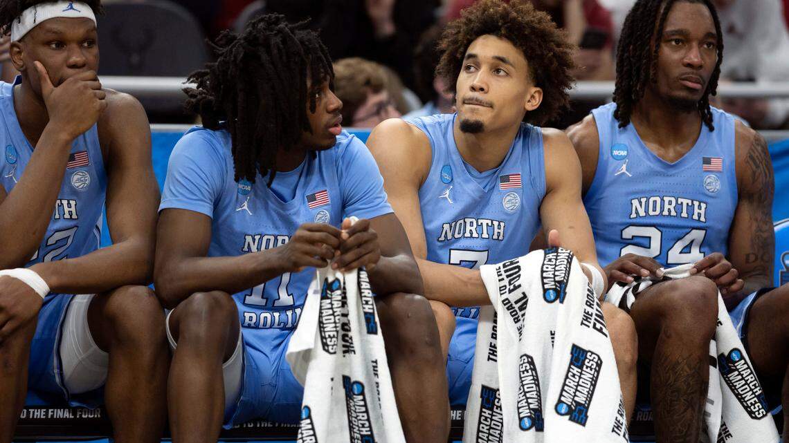 North Carolina guard Seth Trimble (7) glances at the scoreboard as Ole Miss opens a large lead in the first half during the first round of the NCAA Tournament t on Friday, March 21, 2025 at Fiserv Forum in Milwaukee, Wisconsin.