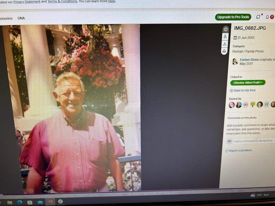 Chester Pratt as a grown man, shown on an Ancestry page