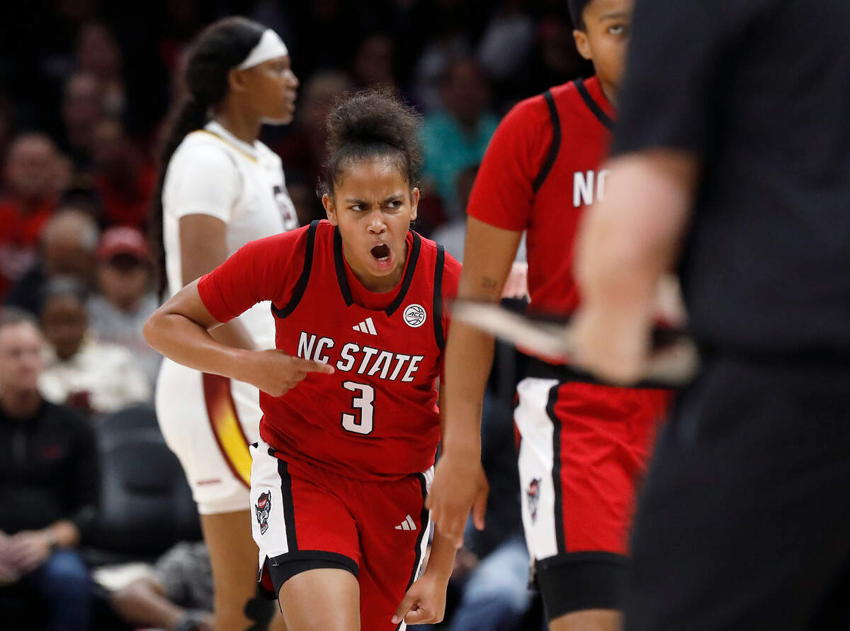 N.C. State’s Zamareya Jones reacts during the second half of the Wolfpack’s 71-57 loss to top-ranked South Carolina on Sunday, Nov. 10, 2024, at Spectrum Center in Charlotte, N.C.