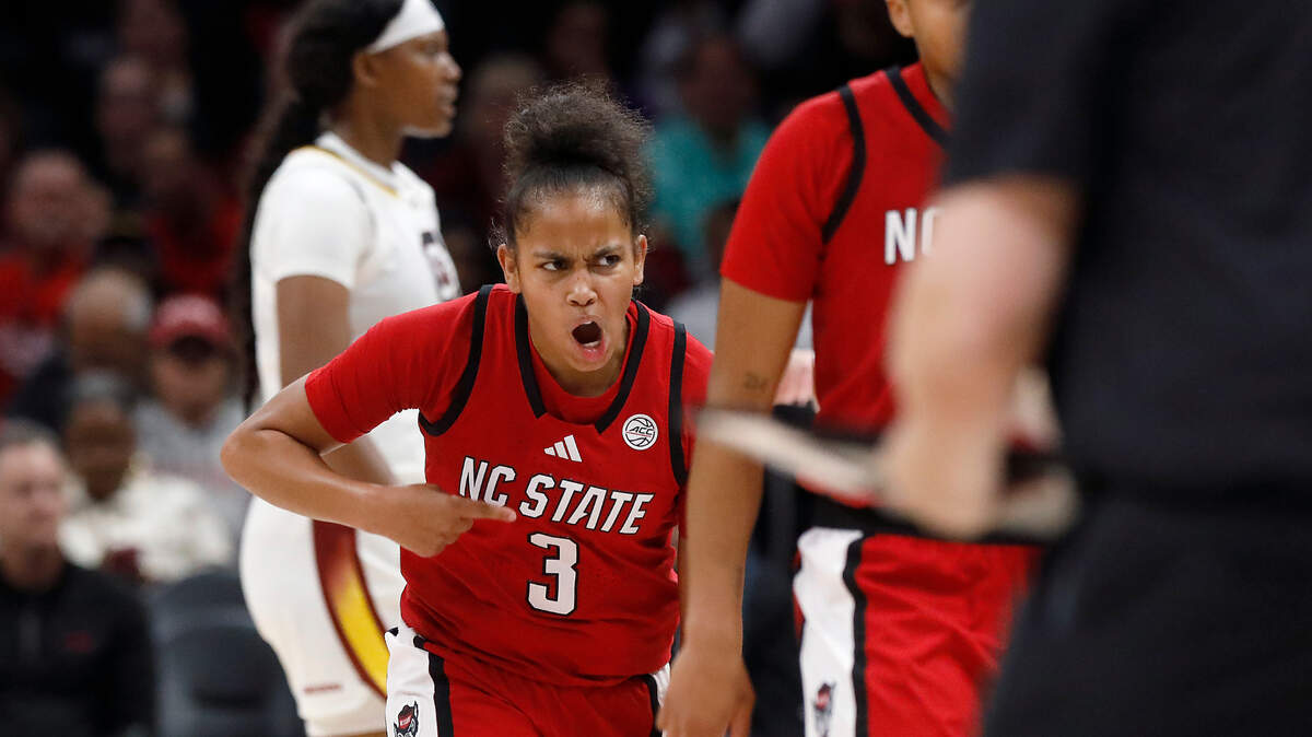 N.C. State’s Zamareya Jones reacts during the second half of the Wolfpack’s 71-57 loss to top-ranked South Carolina on Sunday, Nov. 10, 2024, at Spectrum Center in Charlotte, N.C.