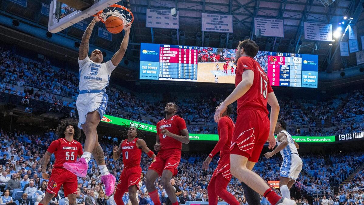 North Carolina’s Armando Bacot (5) gets a dunk for two of his 19 points in the first half against Louisville on Wednesday, January 17, 2024 at the Smith Center in. Chapel Hill, N.C.