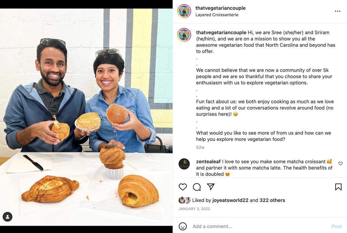 Sree Pattabiraman and Sriram Sridhar, @thatvegetariancouple on Instagram, posts on vegetarian and vegan food and Asian restaurants.