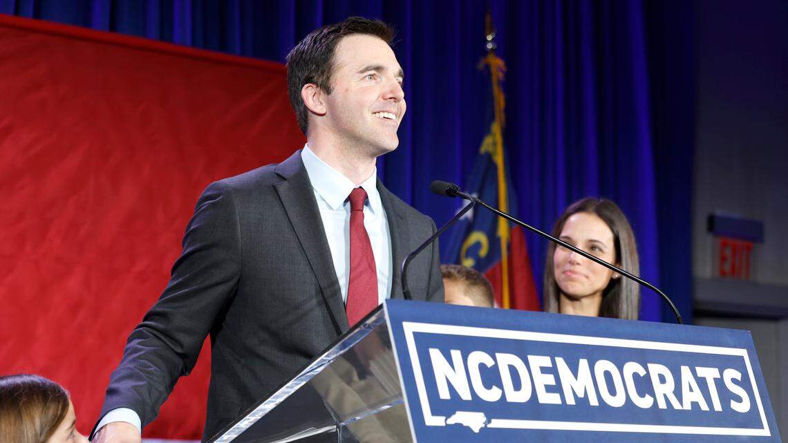 Attorney General-elect Jeff Jackson addresses the crowd during a North Carolina Democratic Party election night event at the Marriott City Center in Raleigh, N.C., Tuesday, Nov. 5, 2024.