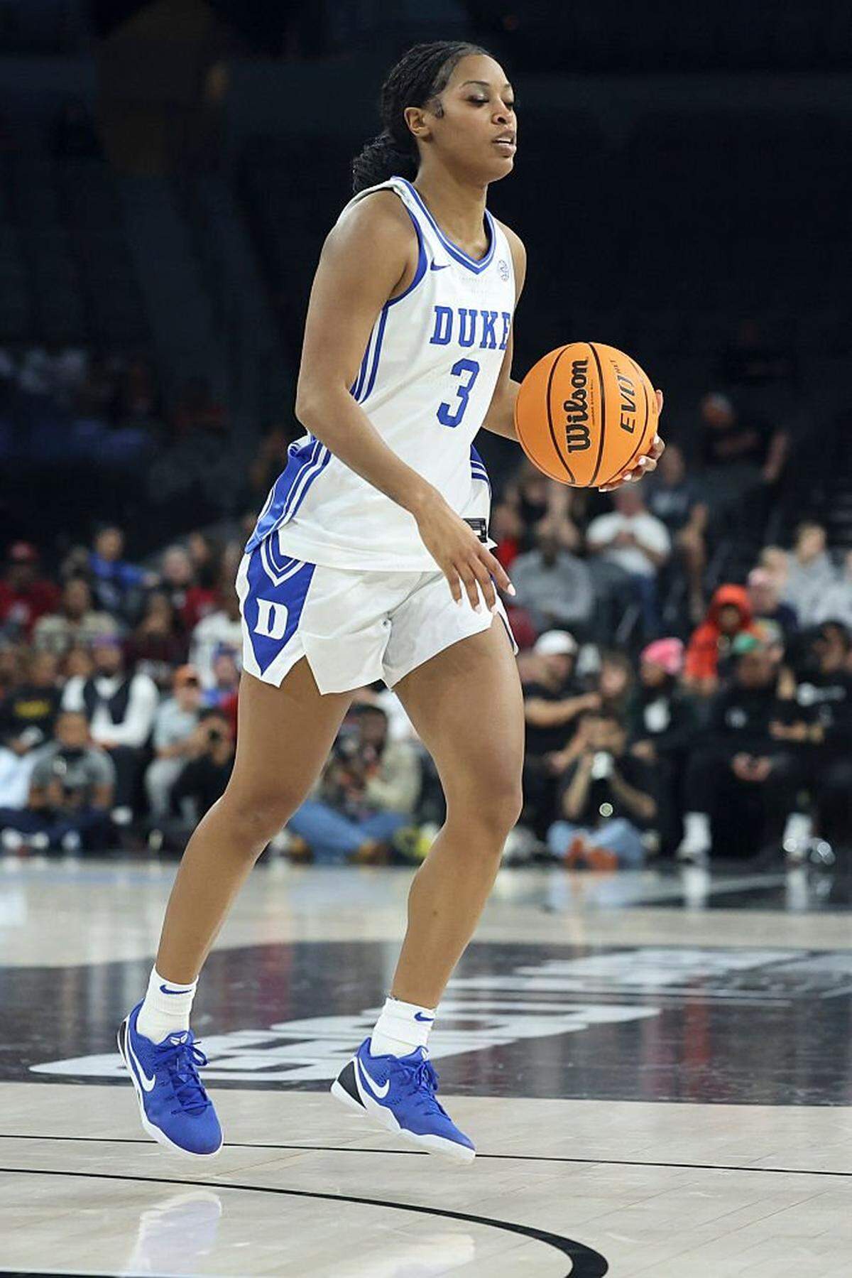 Duke’s Ashlon Jackson dribbles against South Carolina in the second quarter of a Players Era Championship basketball tournament game at Michelob ULTRA Arena on Nov. 24, 2025 in Las Vegas, Nevada.
