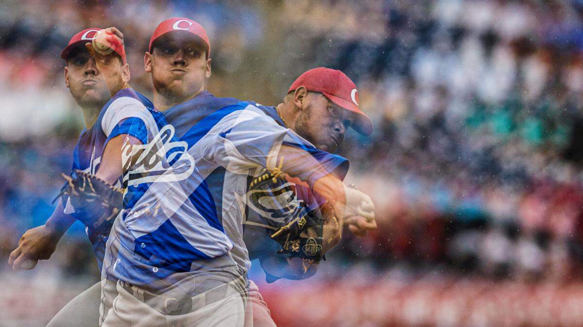 A multiple exposure image of Cuban pitcher Yariel Rodriguez on July 4, 2019 at Durham Bulls Athletic Park in Durham, NC. Rodriguez pitched five innings, allowing seven hits and four runs.