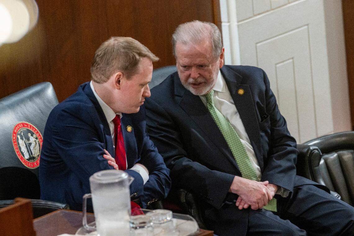 House Speaker Destin Hall, left, and Senate President Pro Tempore Phil Berger, talk before Gov. Josh Stein delivered his State of the State address to a joint session of the General Assembly on Wednesday, March 12, 2025, in the House chamber of the Legislative Building.