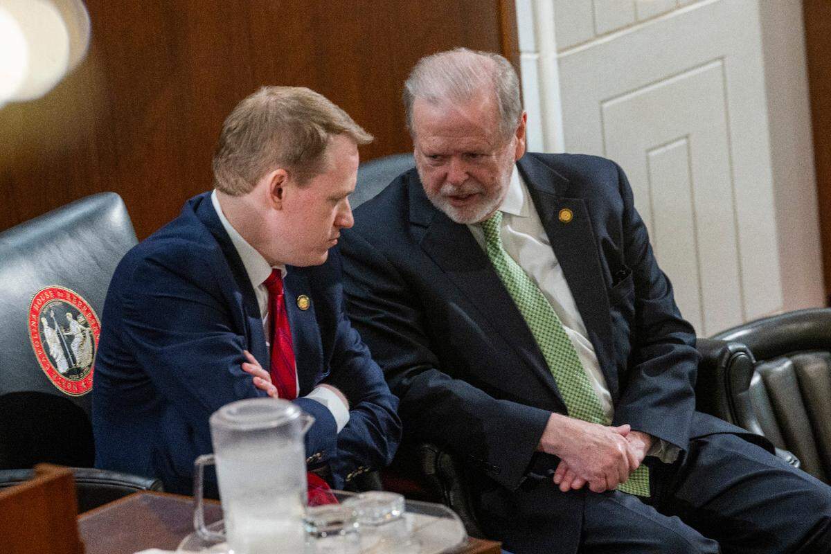 House Speaker Destin Hall, left, and Senate President Pro Tempore Phil Berger, talk before Gov. Josh Stein delivered his State of the State address to a joint session of the General Assembly on Wednesday, March 12, 2025, in the House chamber of the Legislative Building.