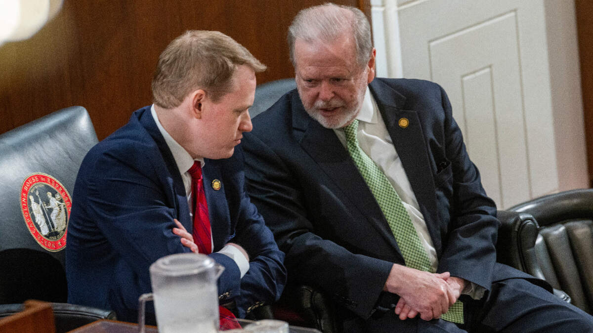 House Speaker Destin Hall, left, and Senate President Pro Tempore Phil Berger, talk before Gov. Josh Stein delivered his State of the State address to a joint session of the General Assembly on Wednesday, March 12, 2025, in the House chamber of the Legislative Building.