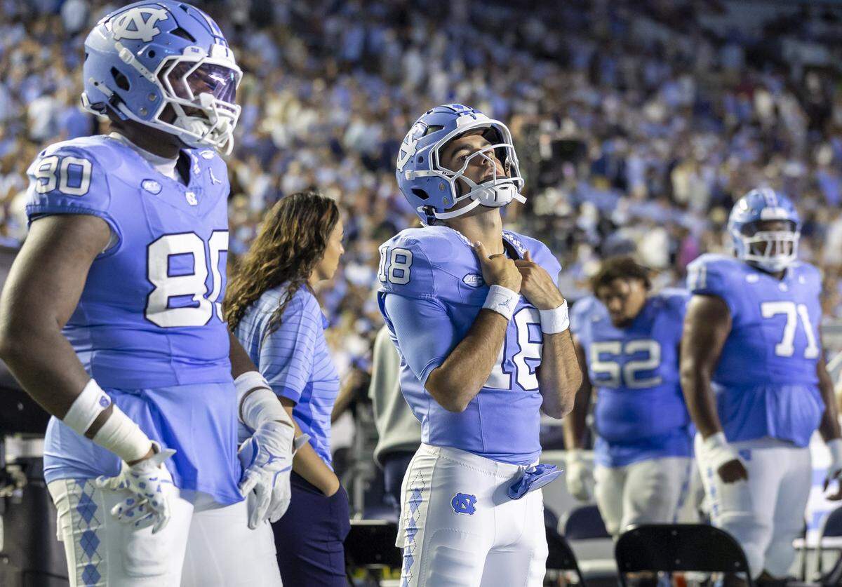 North Carolina quarterback Andres Miyares Jr. reacts after Texas Christian scored to take a 41-7 lead over the Tar Heels in the third quarter on Monday, September 1, 2025 in Chapel Hill, N.C.  