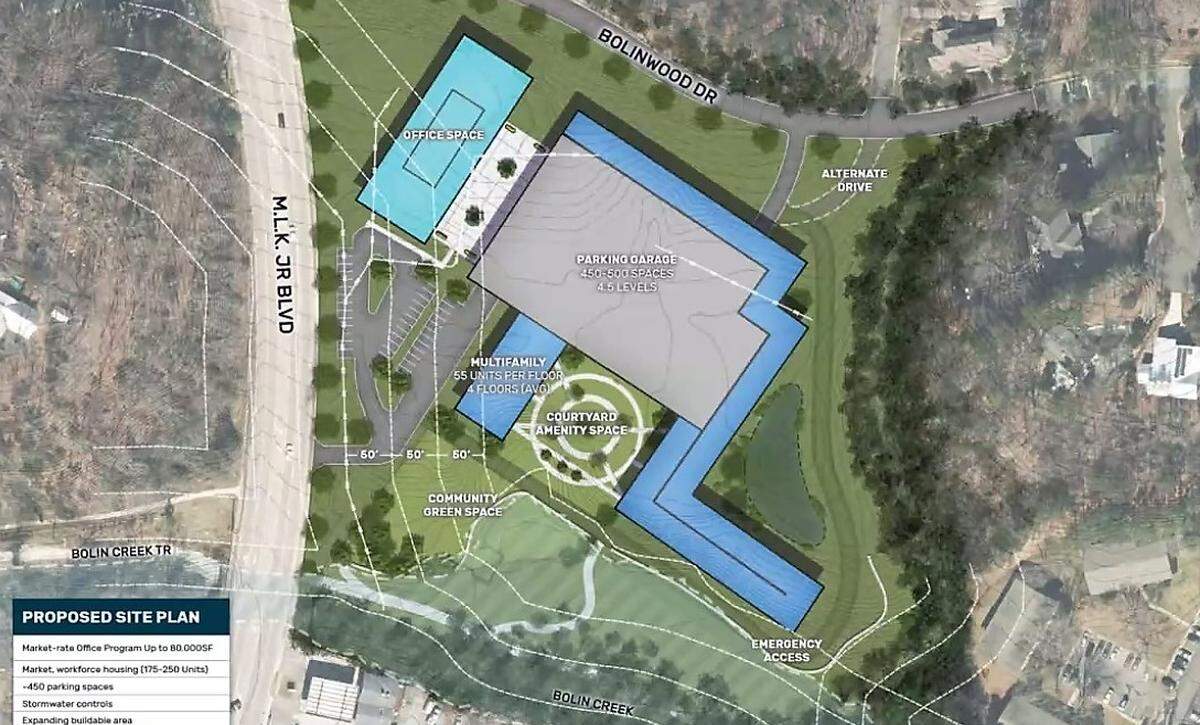 A concept site plan for 828 MLK Jr. Blvd. shows a four-story office building for town services fronting the street with a plaza link to a five-story parking garage at the center of the site. Three to five stories of apartments would wrap the parking deck.
